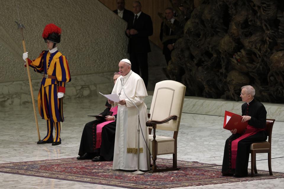 Pope Francis delivers his message on the occasion of his Christmas greetings to Vatican employees, in the Pope Paul VI Hall, at the Vatican, Saturday, Dec. 21, 2019. (AP Photo/Andrew Medichini)