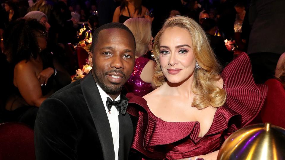 rich paul and adele at the 65th grammy awards show