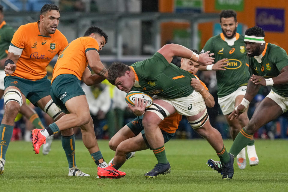 South Africa's Jasper Wiese runs at the defense during the second Rugby Championship test match between the Wallabies and the Springboks in Sydney, Australia, Saturday, Sept. 3, 2022. (AP Photo/Mark Baker)