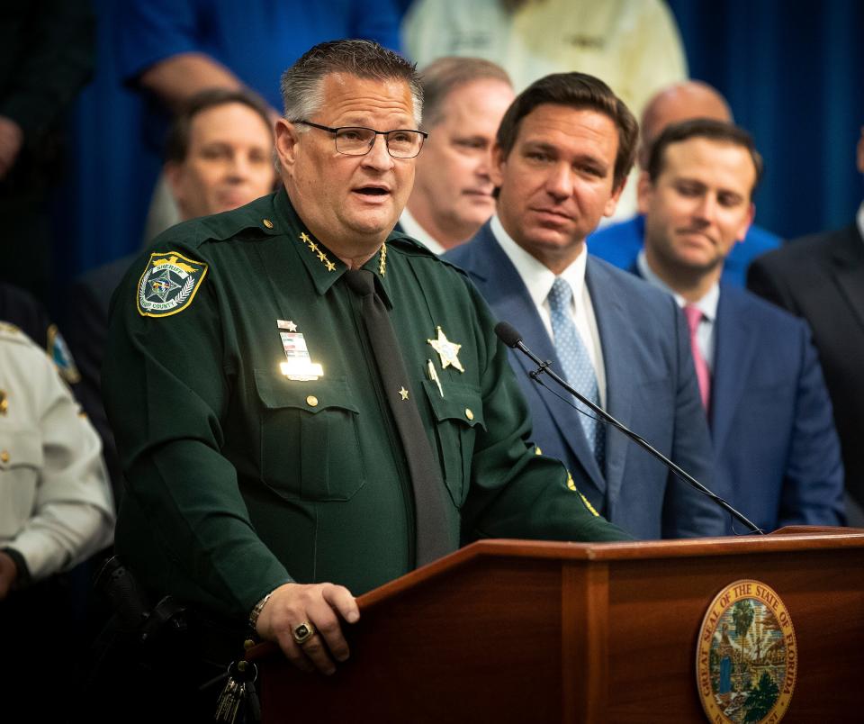 Brevard County Sheriff Wayne Ivey addresses the media after Florida Governor Ron Desantis signed a bill Combating Public Disorder during a signing ceremony at the Polk County Sheriff's Operation Center in Winter Haven Fl. Monday April 19 2021.  ERNST PETERS/ THE LEDGER