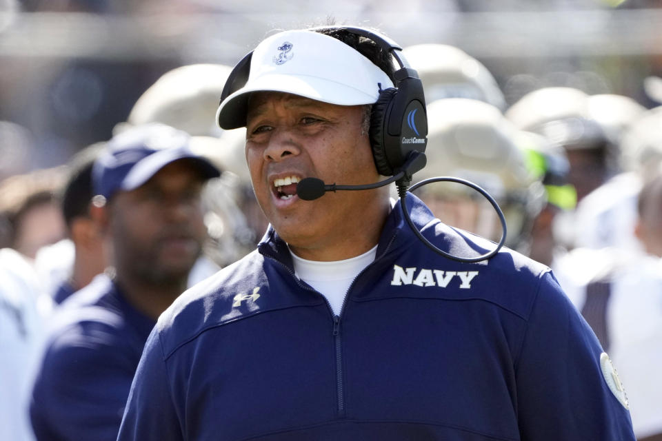 FIKLE - Navy head coach Ken Niumatalolo yells to an official during the first half of an NCAA college football game against Central Florida, Saturday, Nov. 19, 2022, in Orlando, Fla. San Jose State is working to finalize a deal with former Navy coach Ken Niumatalolo to replace Brent Brennan as the Spartans head coach, two people with direct knowledge of the negotiations told The Associated Press on Saturday, Jan. 20, 2024. (AP Photo/John Raoux, File)