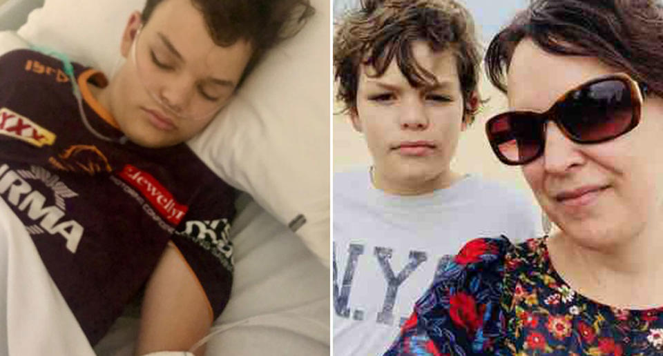 Adam Jay, 13, is pictured in a hospital bed and with his mum Monique Jay.