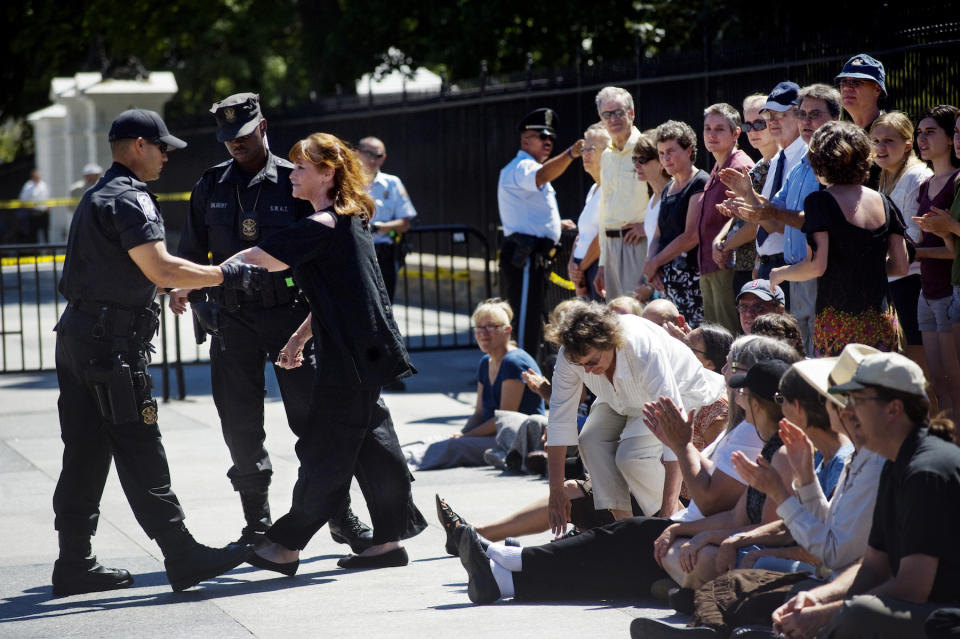 Actress Margot Kidder is the first to be arrested during day 4 of the Tar Sands Action in front of the White House on August 23, 2011, in Washington, DC. The group staged the protest in opposition to the proposed Keystone XL pipeline.