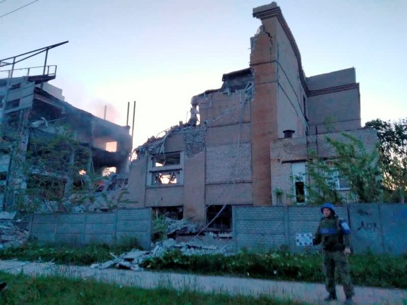 A view shows an industrial building destroyed, according to Russian-installed officials, by a Ukrainian missile strike in the course of Russia-Ukraine conflict, in Luhansk