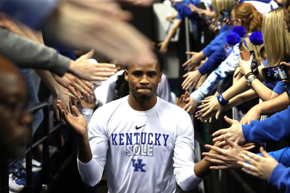 Kentucky’s Cason Wallace greets fans before the game against Providence in the NCAA Tournament. March 17, 2023