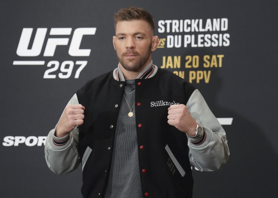 Dricus Du Plessis poses during a mixed martial arts news conference, Wednesday, Jan. 17, 2024, ahead of UFC 297 in Toronto. (Nathan Denette/The Canadian Press via AP)