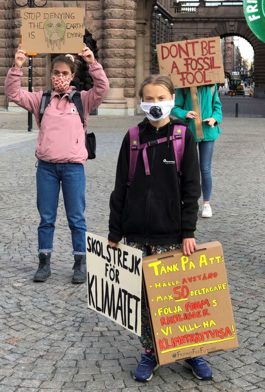 FILE PHOTO: Swedish climate change activist Greta Thunberg protests in front of the Swedish Parliament in Stockholm