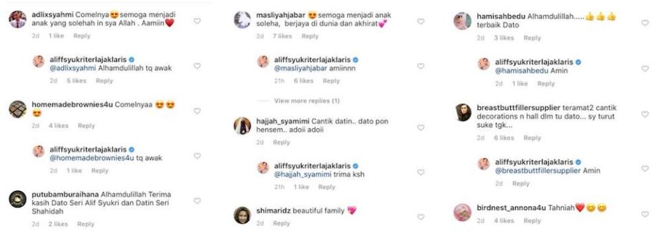 Social media users were in awe of Raudhah’s cuteness and sent in their well wishes to the newborn. — Screengrab via Instragram/@aliffsyukriterlajaklaris