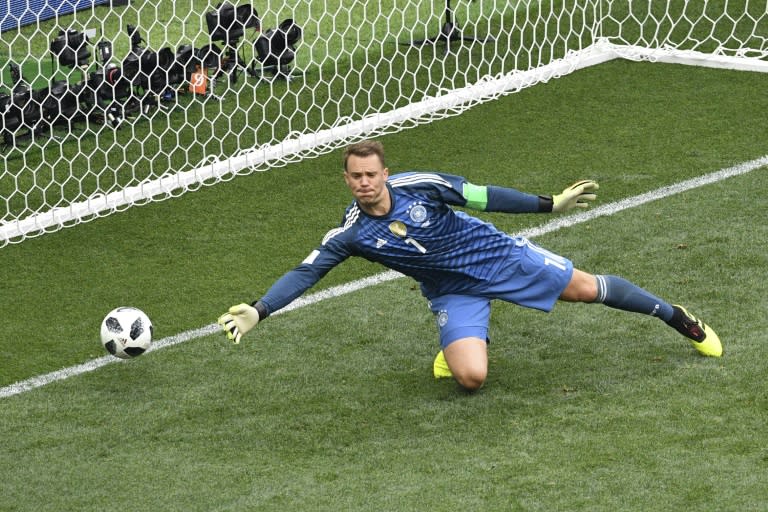 Germany goalkeeper Manuel Neuer concedes a goal against Mexico