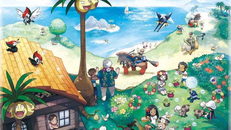 Several trainers and wild Pokémon are shown gathered on a cliffside overlooking the Alolan ocean.
