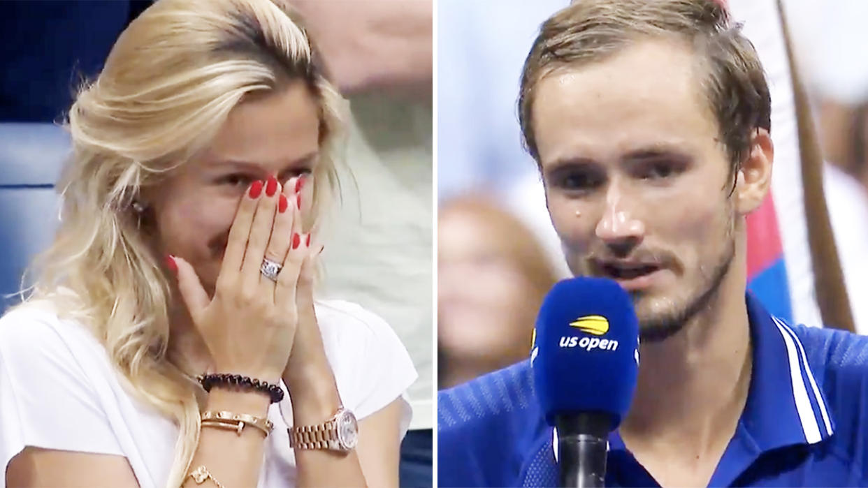 Daniil Medvedev, pictured here talking about wife Daria after the US Open final.