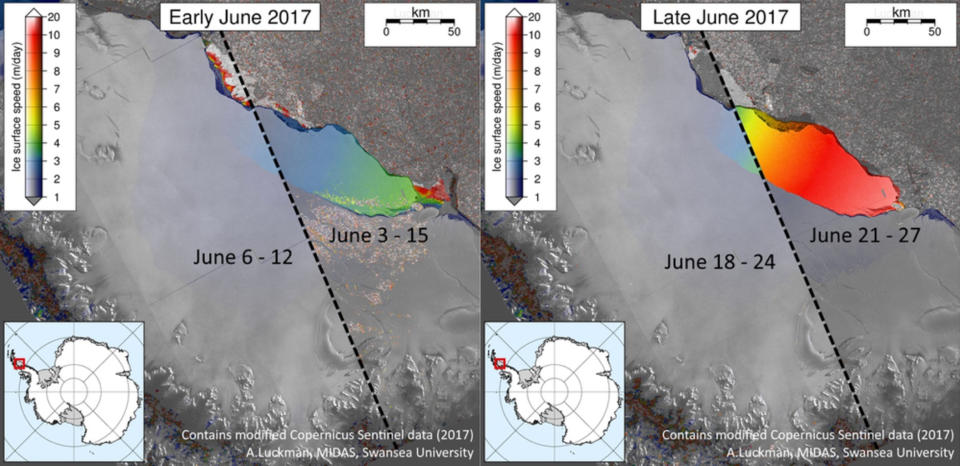 This mosaic of images from the Sentinel-1 satellite show the change in speed of the Larsen C ice sheet from early to late June 2017. <cite>Sentinel-1/MIDAS/Swansea University</cite>