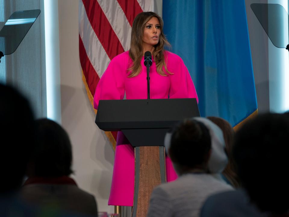 Melania Trump wears a pink dress at the United Nations in 2017.