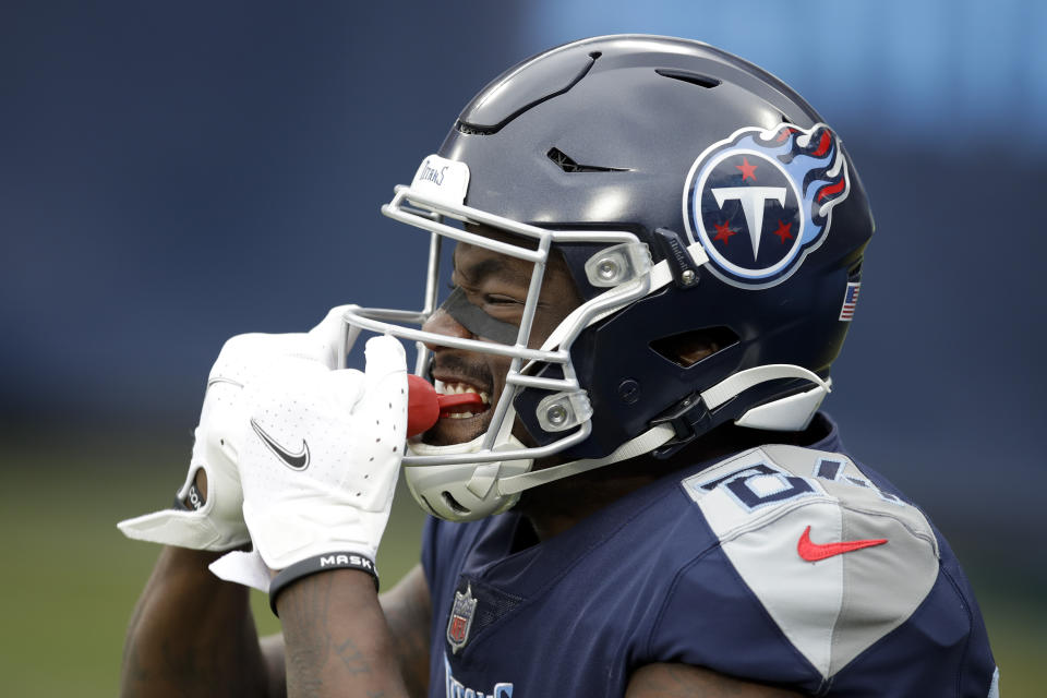 Tennessee Titans wide receiver Corey Davis celebrates after scoring against the Detroit Lions during the first half of an NFL football game Sunday, Dec. 20, 2020, in Nashville, N.C. (AP Photo/Ben Margot)