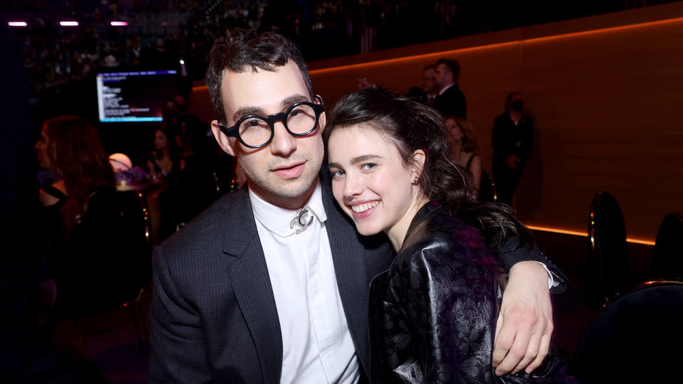 Jack Antonoff and Margaret Qualley pose at the Grammys