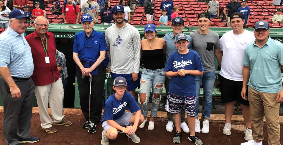 Lloyd Hill Sr., third from left, with family and friends at Fenway Park in Boston. From left, Lloyd Jr., Joe Castiglione, Lloyd Sr., Rich Hill, Jake Joyce, Laura Hill, Lloyd Hill, Luke Joyce, Jason Turner, Paul Joyce, Mike Kapolis.