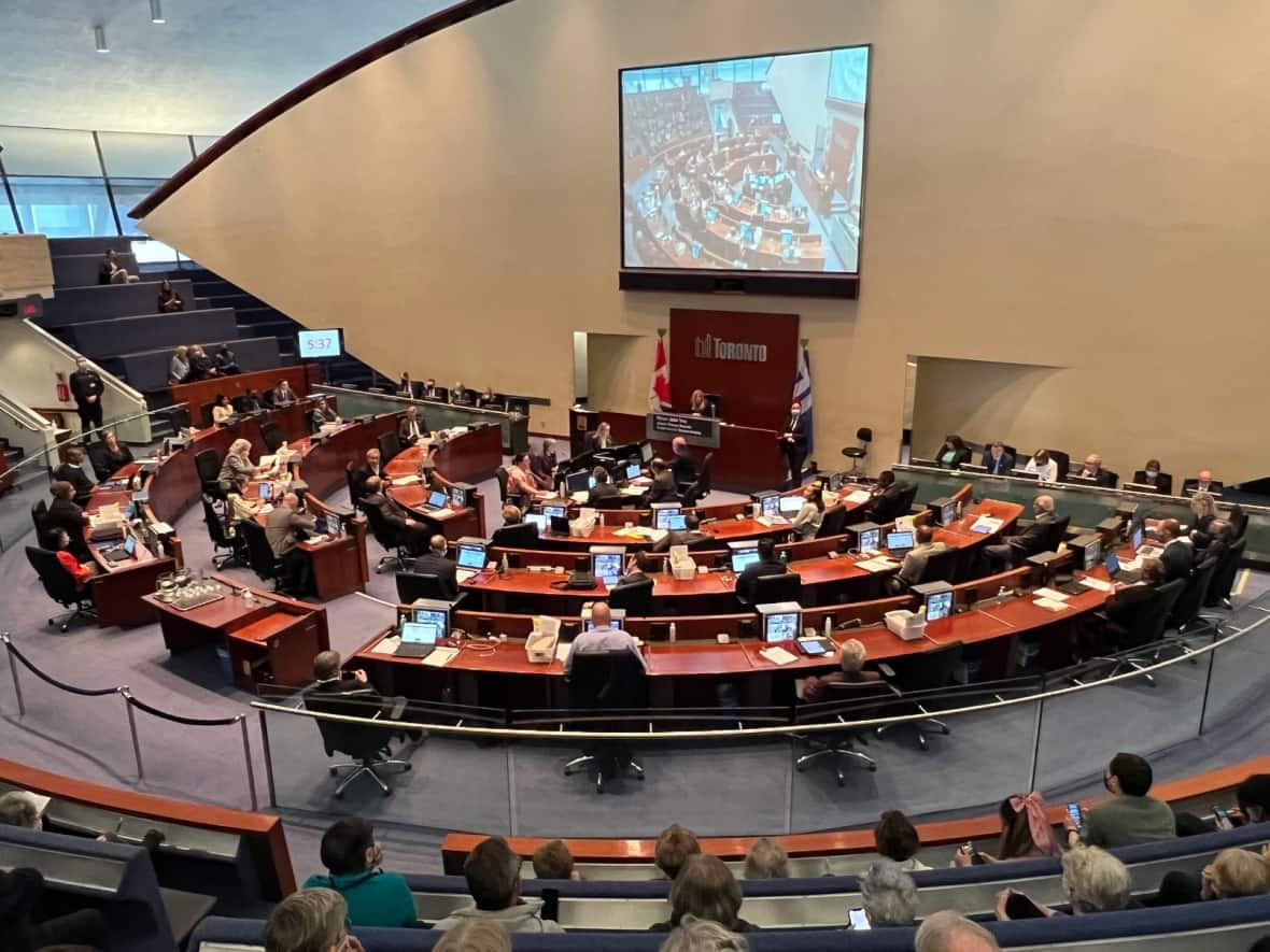 Toronto city council, pictured here on the second day of its first council meeting after the October election, voted to ask the province to pause its new sweeping housing construction bill.  (Greg Bruce/CBC - image credit)