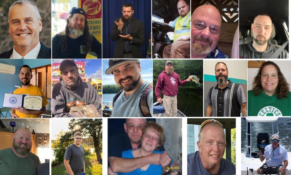 The Maine mass shooting victims: (top row l-r) Ronald G Morin, Peyton Brewer-Ross, Joshua A Seal, Bryan M MacFarlane, Joseph Lawrence Walker, Arthur Fred Strout; (second row l-r) Maxx A Hathaway, Stephen M Vozella, Thomas Ryan Conrad, Michael R Deslauriers II, Jason Adam Walker, Tricia C Asselin; (bottom row l-r) William A Young, Aaron Young, Robert E Violette and Lucille M Violette, William Frank Brackett, Keith D Macneir (Maine Department of Public Safety via AP)