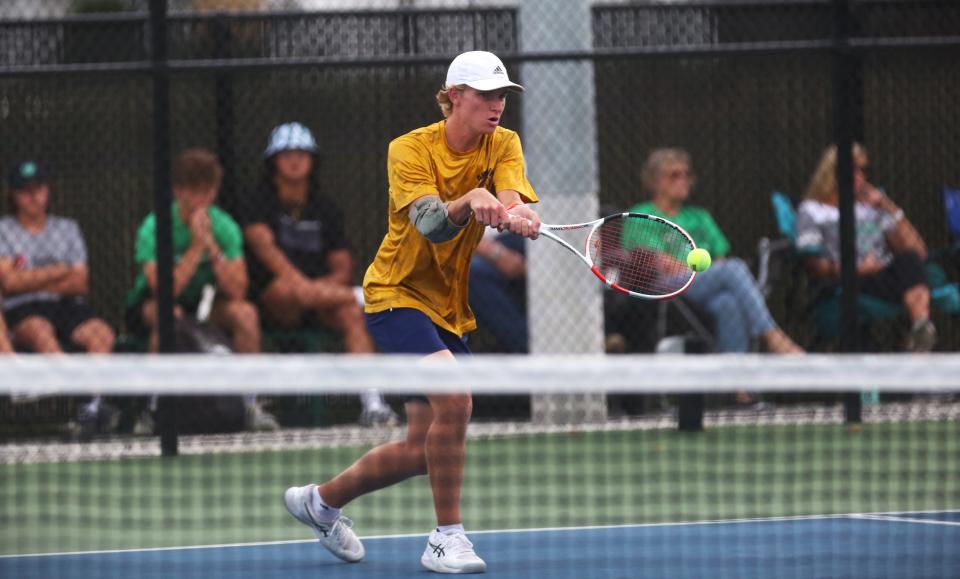 Delta boys tennis' Jake Bilby in the team's regional championship matchup against host Noblesville on Wednesday, October 4, 2023.