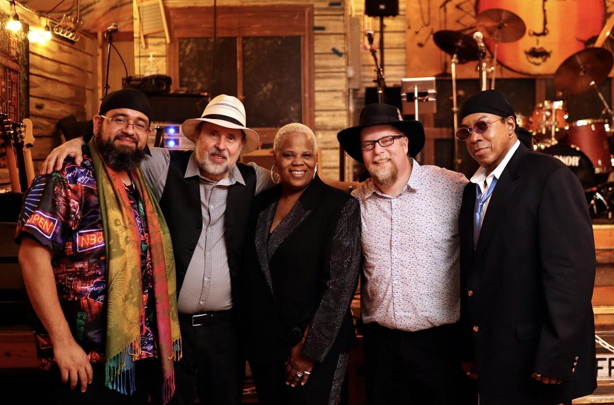 Pierre Lacocque’s Mississippi Heat — Big Mike, left, Pierre Lacocque, Sheryl Youngblood, Tom Holland and Ricky Nelson — performs with special guest Anne Harris on Jan. 26, 2024, at The Acorn in Three Oaks.