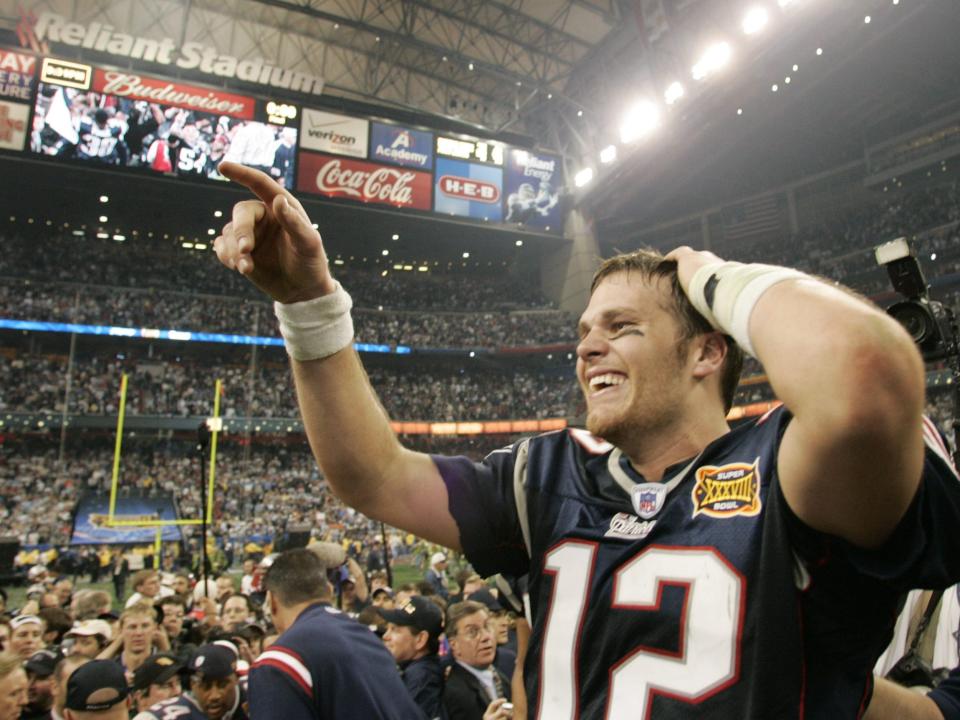 Tom Brady celebrates winning the 2004 Super Bowl.