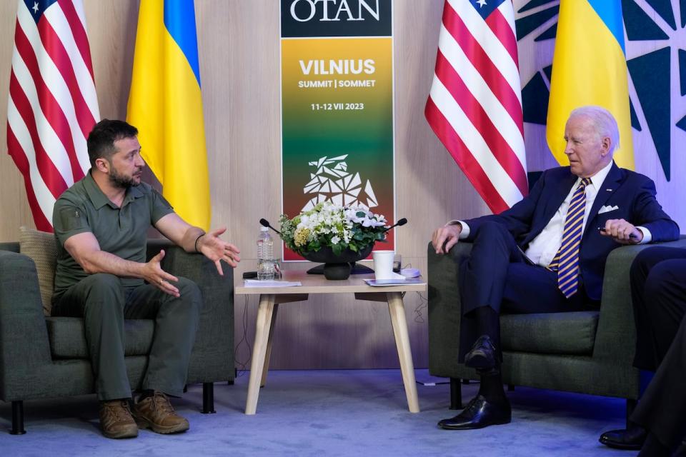 President Joe Biden meets with Ukraine's President Volodymyr Zelenskyy on the sidelines of the NATO summit in Vilnius, Lithuania on July 12, 2023.