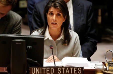 United States ambassador to the United Nations Nikki Haley addresses the U.N. Security Council meeting on the situation in the Middle East, including the Palestine, at the United Nations Headquarters in New York, U.S., December 8, 2017. REUTERS/Brendan McDermid