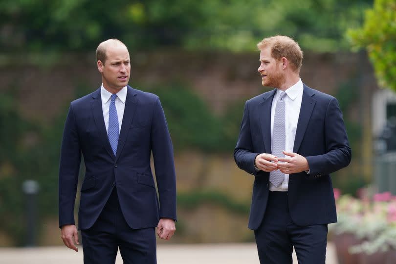 Prince Harry looking at Prince William as they walk side by side but some distance apart