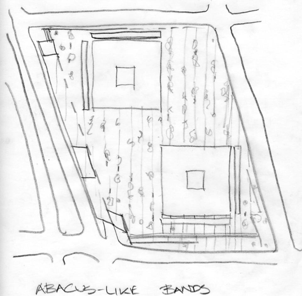 To liven the design, Mr. Arad came up with the idea of abacus-like bands - paving bands that would unite the plaza from curb to curb, from edge to edge. Some would be wider, some narrower, and along the length of the band, like beads on the wire of an abacus, trees would rise. Handel Architects LLP