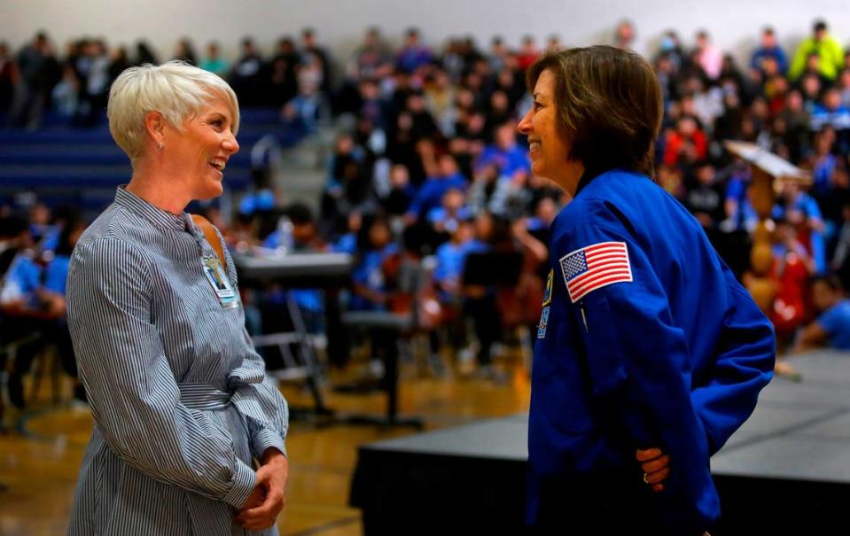 Pasco School Superintendent Michelle Whitney, left, greets Ellen Ochoa, veteran astronaut and former director of NASA’s Johnson Space Center, during her fifth visit to the Pasco middle school that is her namesake.