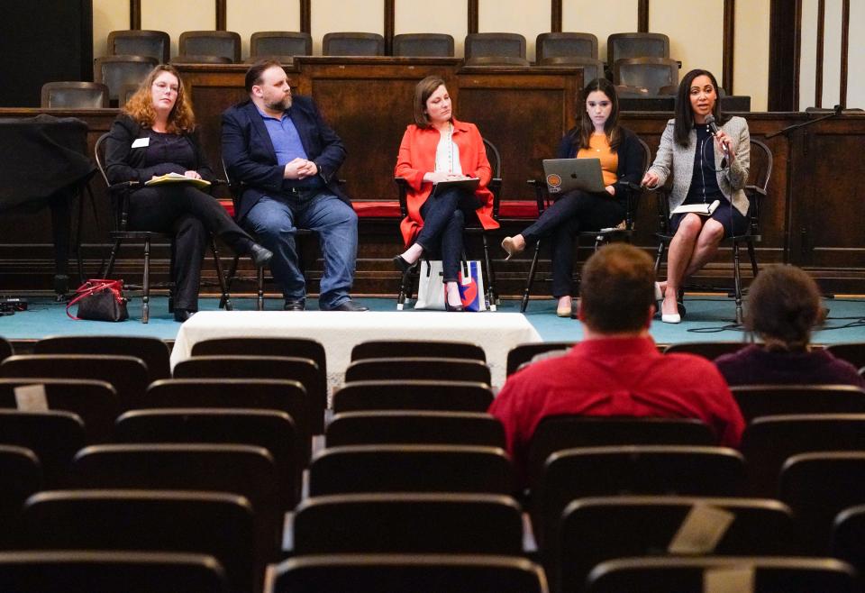 Democrat Andrea Hunley speaks during a forum for state senate candidates on Tuesday, April 19, 2022, at the Woodruff Place Baptist Church in Indianapolis. Candidates from left, Theresa Bruno, director of community engagement for candidate Kristin Jones, Republican Evan Shearin, Democrat Ashley Eason, Democrat Karla Lopez Owens, and Democrat Andrea Hunley.