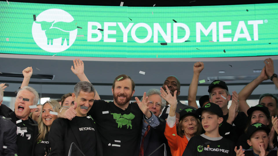 Ethan Brown, founder and CEO of Beyond Meat, rings the opening bell with company executives and guests during the company's IPO at the Nasdaq Market site in New York, U.S., May 2, 2019. REUTERS/Brendan McDermid