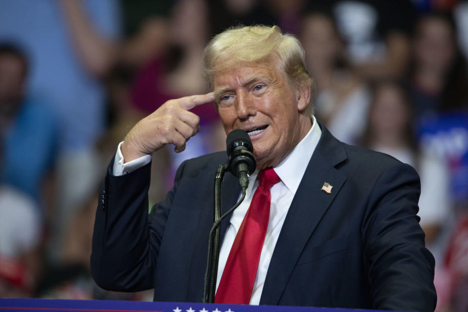 GRAND RAPIDS, MICHIGAN - JULY 20: Republican Presidential nominee former President Donald J. Trump holds his first public campaign rally with his running mate, Vice Presidential nominee U.S. Senator J.D. Vance (R-OH) (not pictured), at the Van Andel Arena on July 20, 2024 in Grand Rapids, Michigan.  This is also Trump's first public rally since he was shot in the ear during an assassination attempt in Pennsylvania on July 13. Photo by Bill Pugliano/Getty Images)