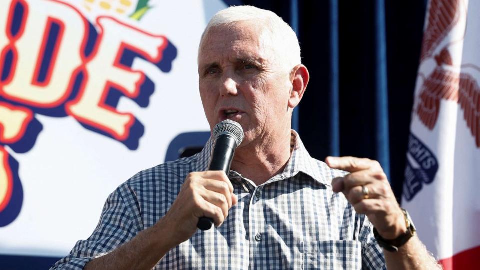 PHOTO: Republican U.S. presidential candidate and former Vice President Mike Pence campaigns for the 2024 Republican presidential nomination at the Iowa State Fair, Aug. 11, 2023, in Des Moines, Iowa. (Evelyn Hockstein/Reuters)