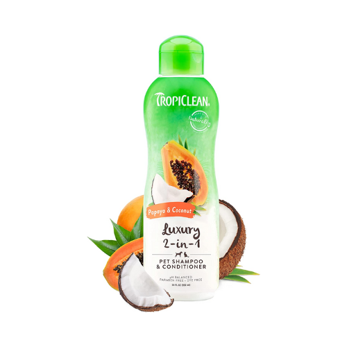 TropiClean Luxury 2-in-1 Papaya shampoo bottle against white background