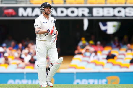 New Zealand captain Brendon McCullum walks from the Gabba after Australian bowler Mitchell Marsh claimed the wicket, during the first cricket test match between Australia and New Zealand in Brisbane November 9, 2015. REUTERS/Patrick Hamilton