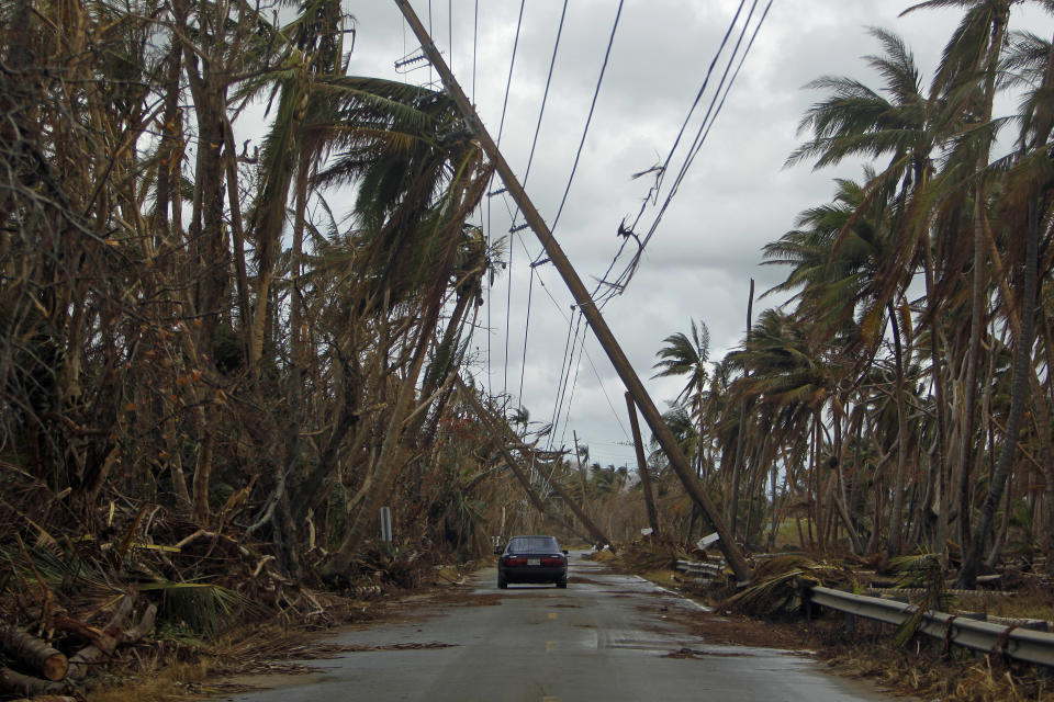 A car drives under tilted power line poles in Humacao, Puerto Rico, in the aftermath of Hurricane Maria. (Photo: RICARDO ARDUENGO/AFP/Getty Images)