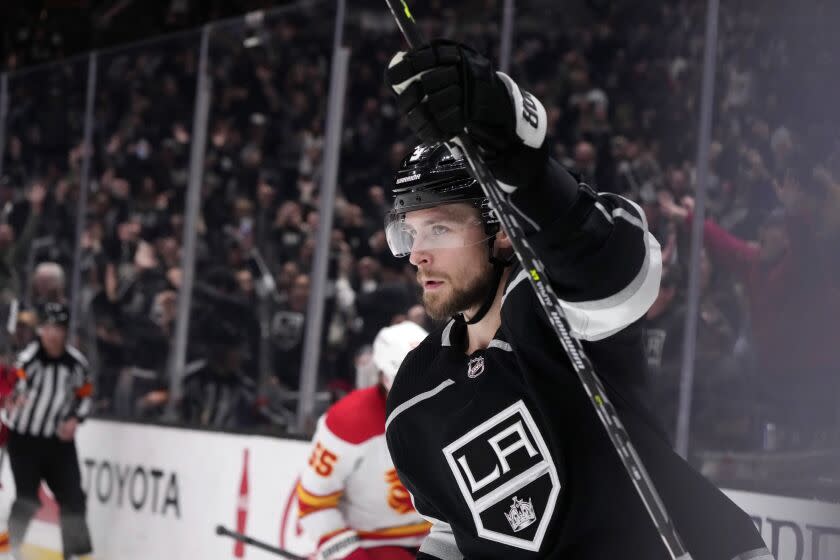 Los Angeles Kings right wing Adrian Kempe celebrates.