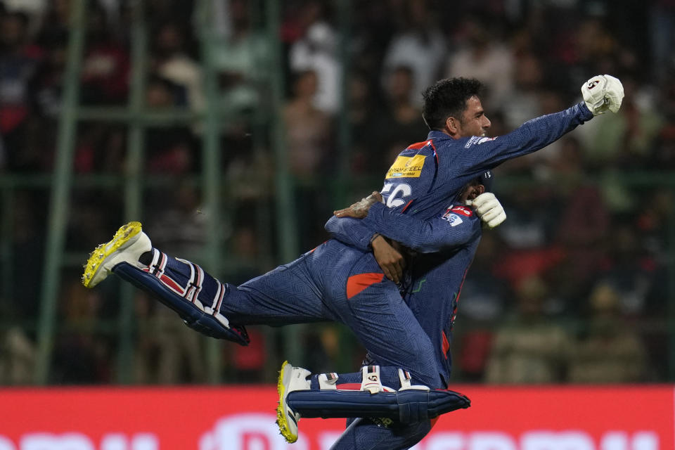 Lucknow Super Giants' Ravi Bishnoi celebrates their win in the Indian Premier League cricket match between Royal Challengers Bangalore and Lucknow Super Giants in Bengaluru, India, Monday, April 10, 2023. (AP Photo/Aijaz Rahi)