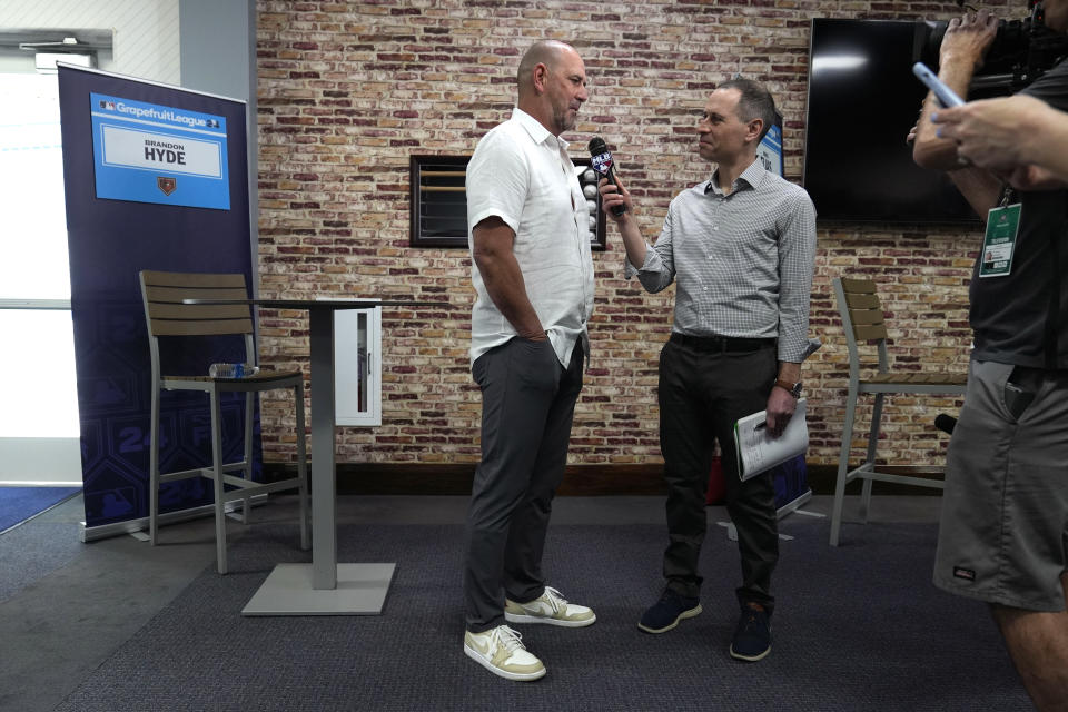 Baltimore Orioles manager Brandon Hyde is interviewed during a baseball spring training media day Thursday, Feb. 15, 2024, in Tampa, Fla. (AP Photo/Charlie Neibergall)