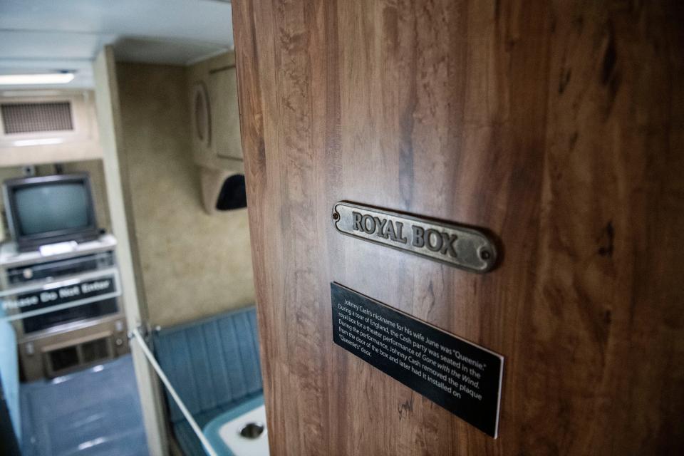 Johnny Cash’s nickname for June Carter Cash was “Queenie,” while visiting England for a tour, Johnny removed the plaque Royal Box” from a theater and placed it on June’s door inside the tour bus, which can be visited at the Ryman Auditorium in Nashville, Tenn., Friday, Oct. 13, 2023.