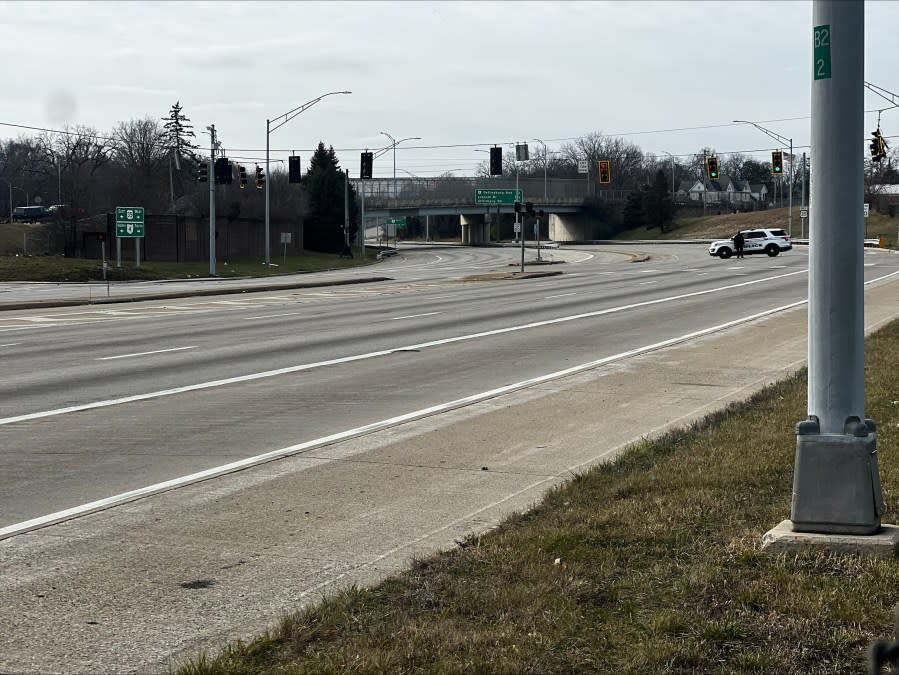 Police in Dayton shut down U.S. 35 after a police pursuit ended with a cruiser being crushed by a pickup truck on January 8, 2024. (NBC4 Photo/Cierra Johnson)