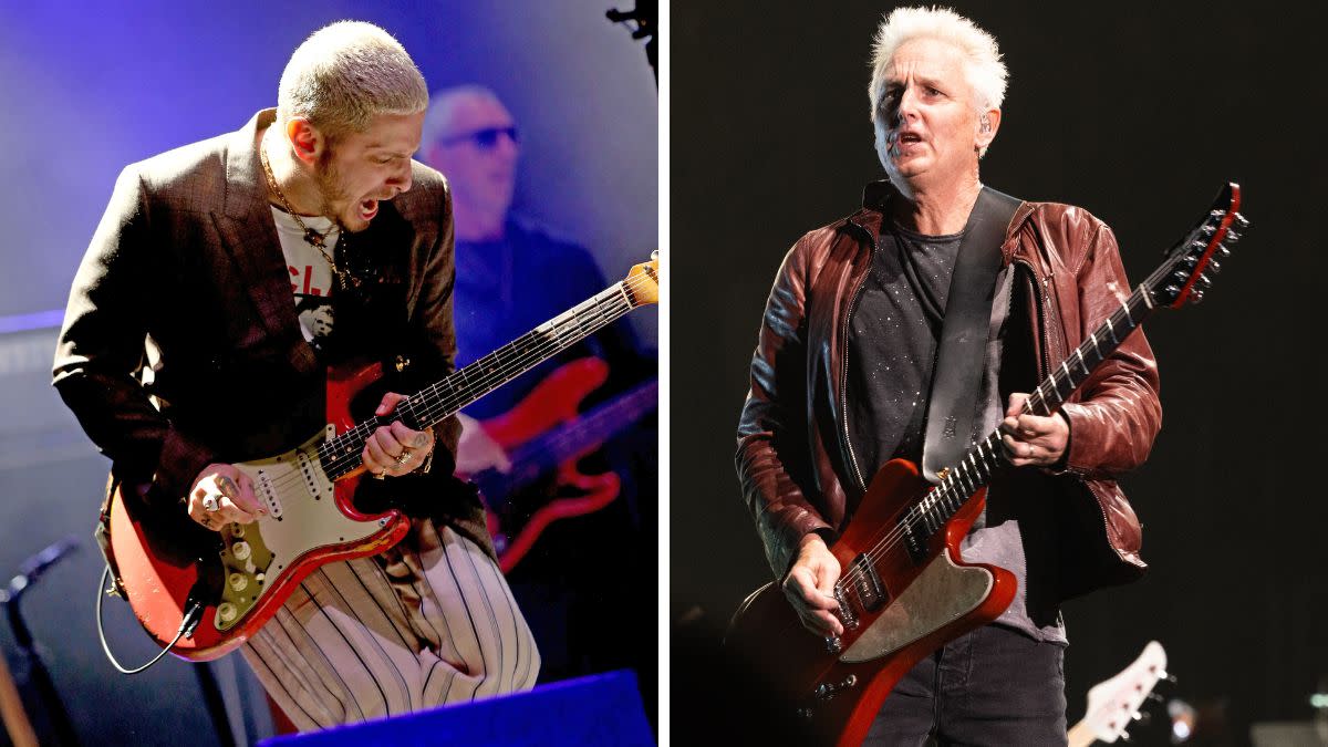  L-Andrew Watt performs onstage during Ohana Fest at Doheny State Beach on September 24, 2021 in Dana Point, California; R- Lead guitarist Mike McCready of Pearl Jam performs live on stage at Moody Center on September 18, 2023 in Austin, Texas. 