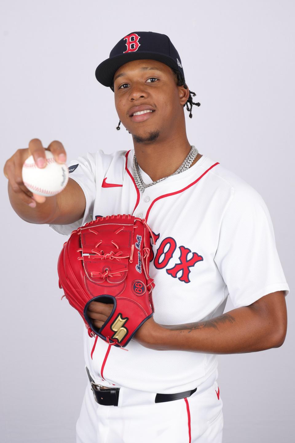 Red Sox pitcher Brayan Bello poses for a photo during media day on Feb. 20 at JetBlue Park in Fort Myers, Fla.