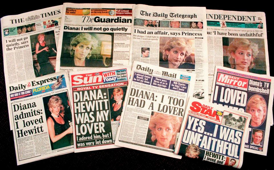 A selection of front pages of most of Britains's national newspapers showing their reaction to Princess Diana's television interview with BBC journalist Martin Bashir in 1995 - Martin Cleaver/AP