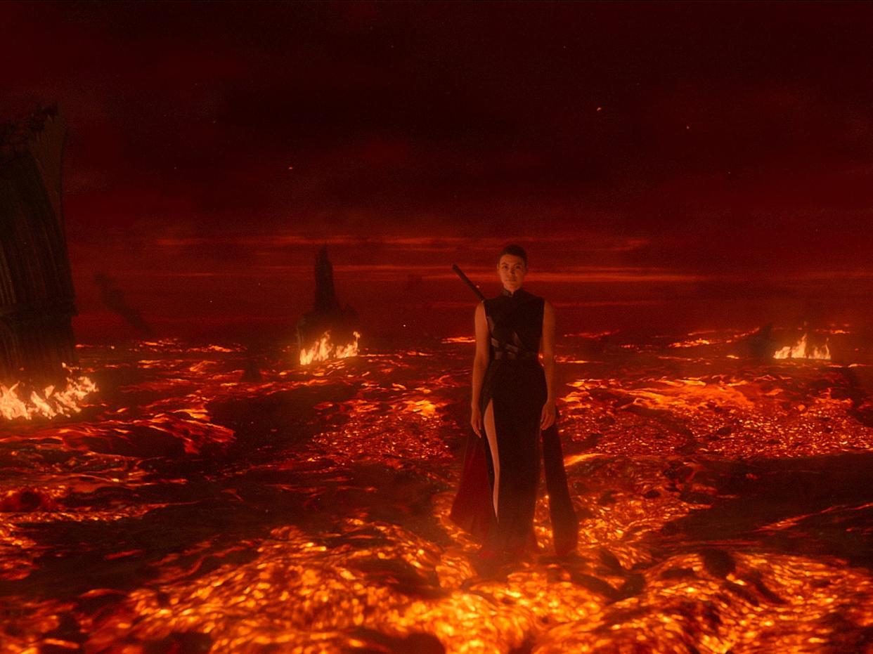 sophon in three body problem, a woman in a black dress with a sword strapped to her back, walking through a sea of lava and flame. she looks threatening and powerful