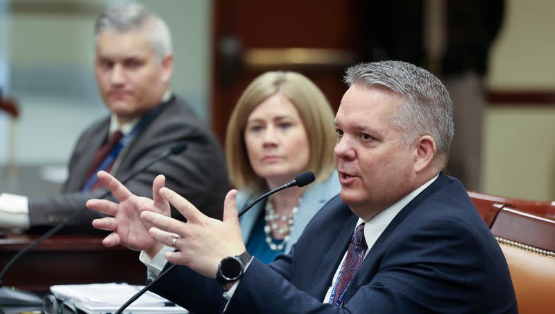 Davis School District Superintendent Dan Linford speaks about the district’s sensitive materials policy during a Utah Legislature Education Interim Committee meeting at the House Building in Salt Lake City on Wednesday, June 14, 2023.