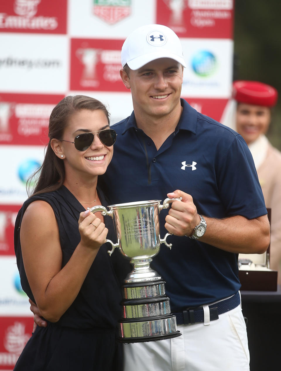 SYDNEY, AUSTRALIA - NOVEMBER 20:  Jordan Spieth of the United States and girlfriend Annie Verret pose with the Stonehaven trophy after winning the 2016 Australian Open during day four of the 2016 Australian golf Open at Royal Sydney Golf Club on November 20, 2016 in Sydney, Australia.  (Photo by Mark Metcalfe/Getty Images)