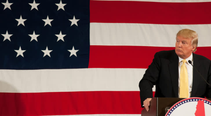 Photo of Donald Trump standing at a podium with the American flag in the background. PHUN Stock