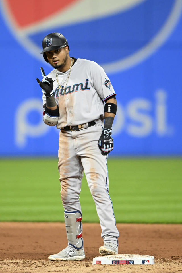 Miami Marlins' Jorge Soler reacts after striking out during the fifth  inning in the first baseball game of a doubleheader against the Cleveland  Guardians, Saturday, April 22, 2023, in Cleveland. (AP Photo/Nick